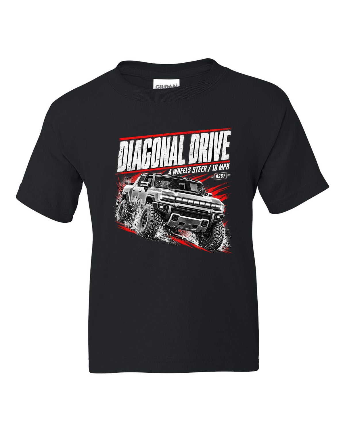 GMC Hummer EV pickup moving diagonally in a race poster design black kids tee front view with the design