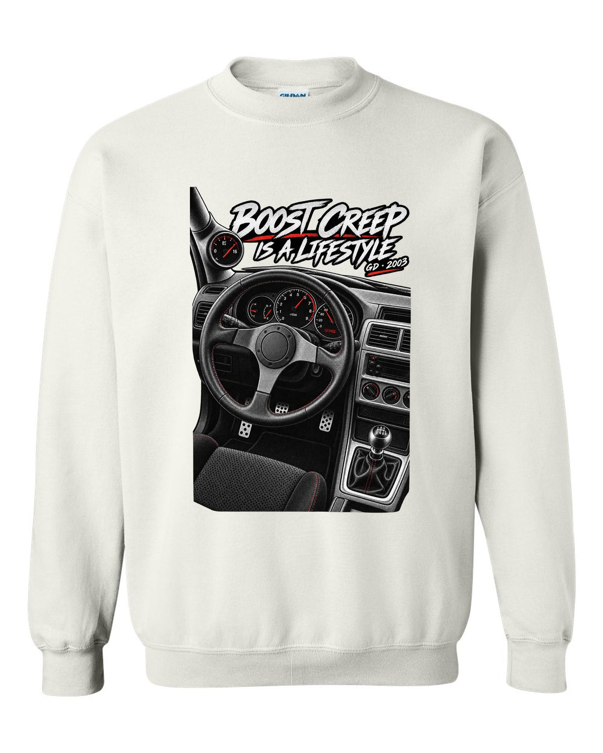 Boost gauge cockpit print for a Subaru Impreza WRX GD Blobeye with boost creep text white crewneck front view with the design