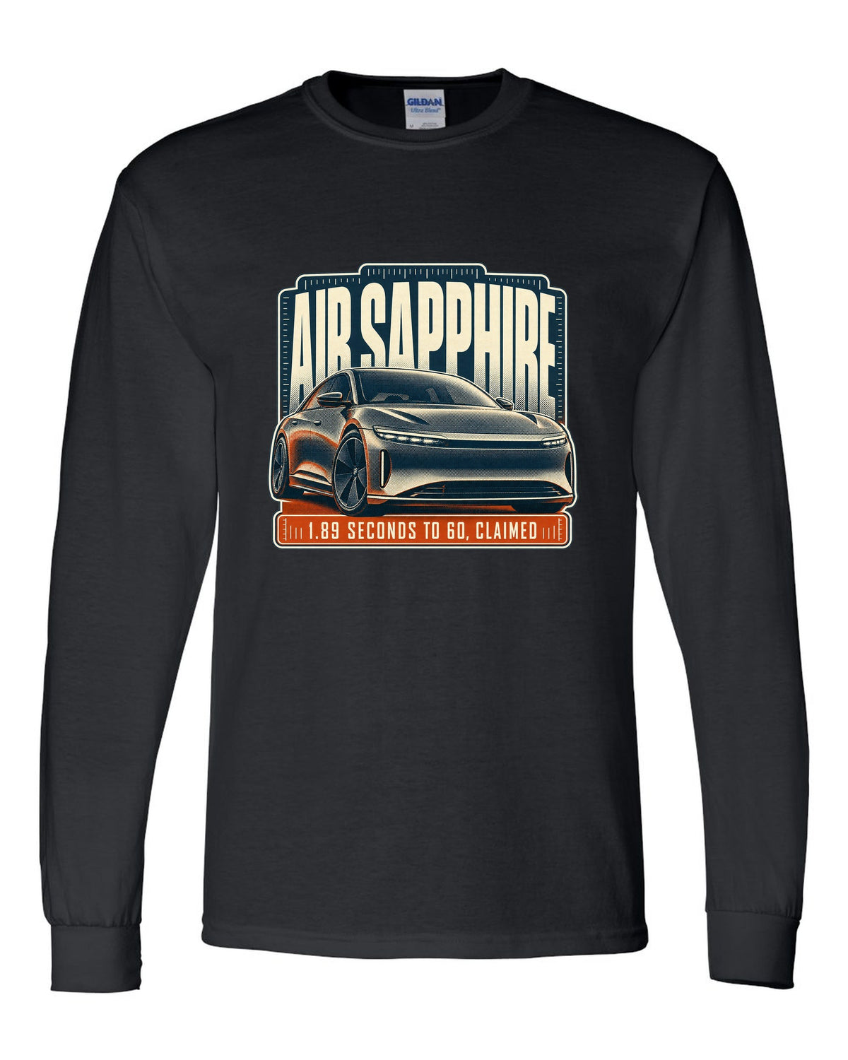Halftone print of a Lucid Air Sapphire with 1.89 second 0-60 claim black long sleeve front view with the design