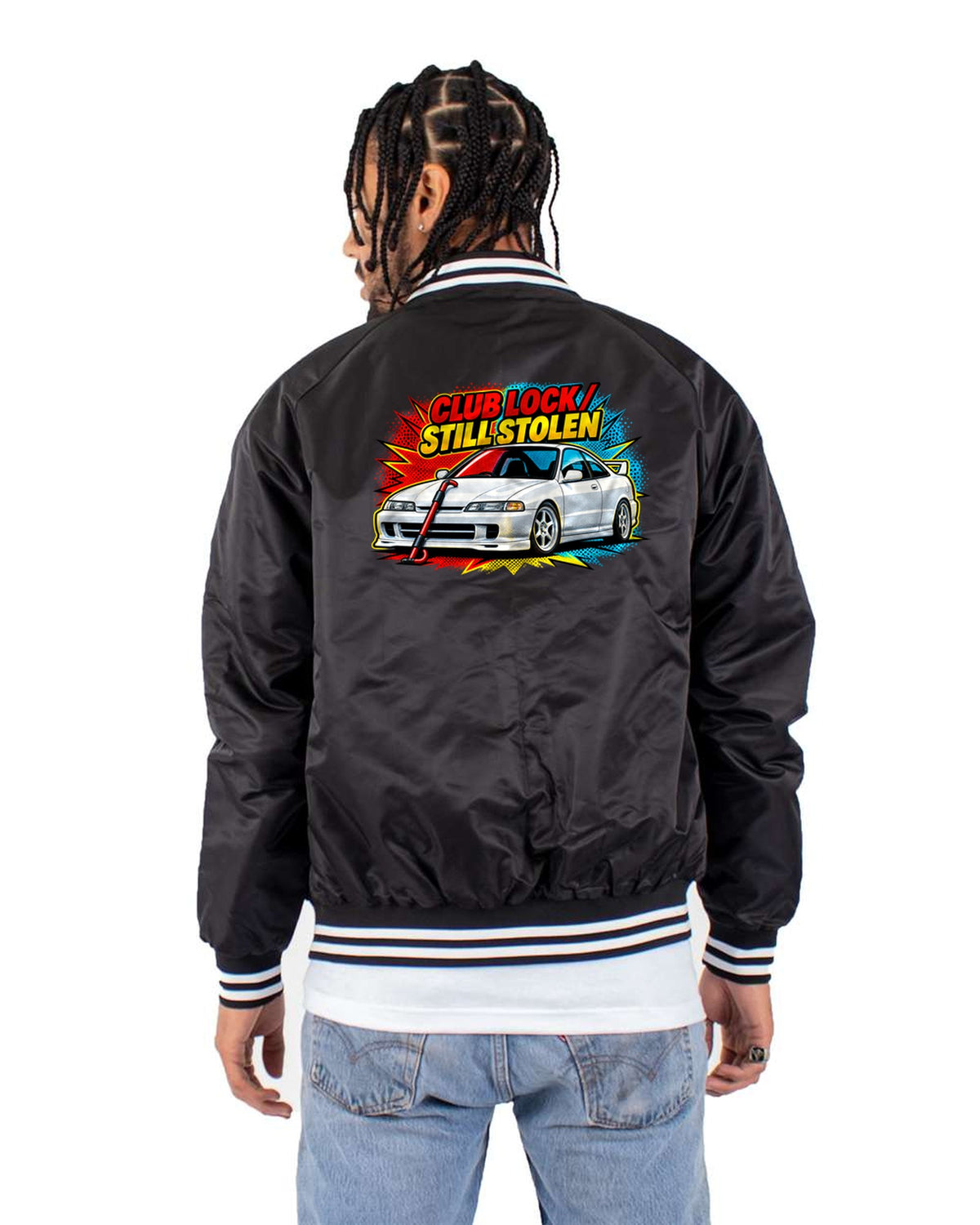 Honda Integra DC2 Pop-Art Split Tee, Club Lock Still Stolen Bomber Jacket Black back
