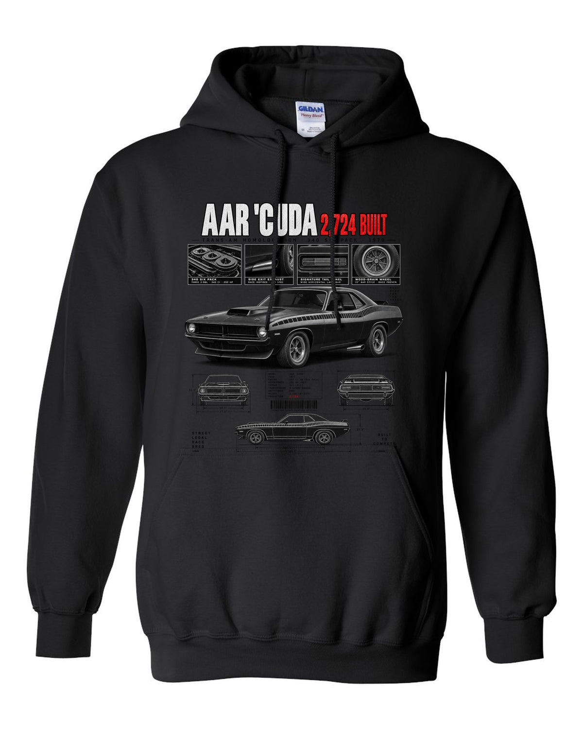1970 Plymouth AAR Cuda E-body Dossier, 2,724 Built Tee black pull over hoodie front view with the design