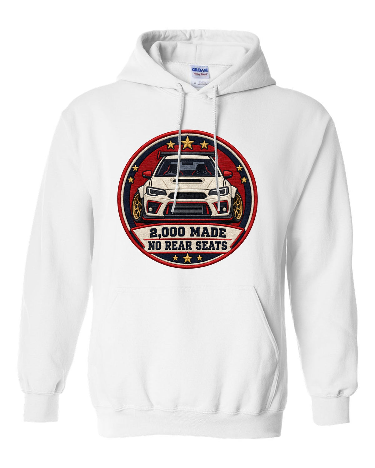 Embroidery-style varsity crest print for the Mini GP1 R53 with 2,000 made and no rear seats text white pull over hoodie front view with the design