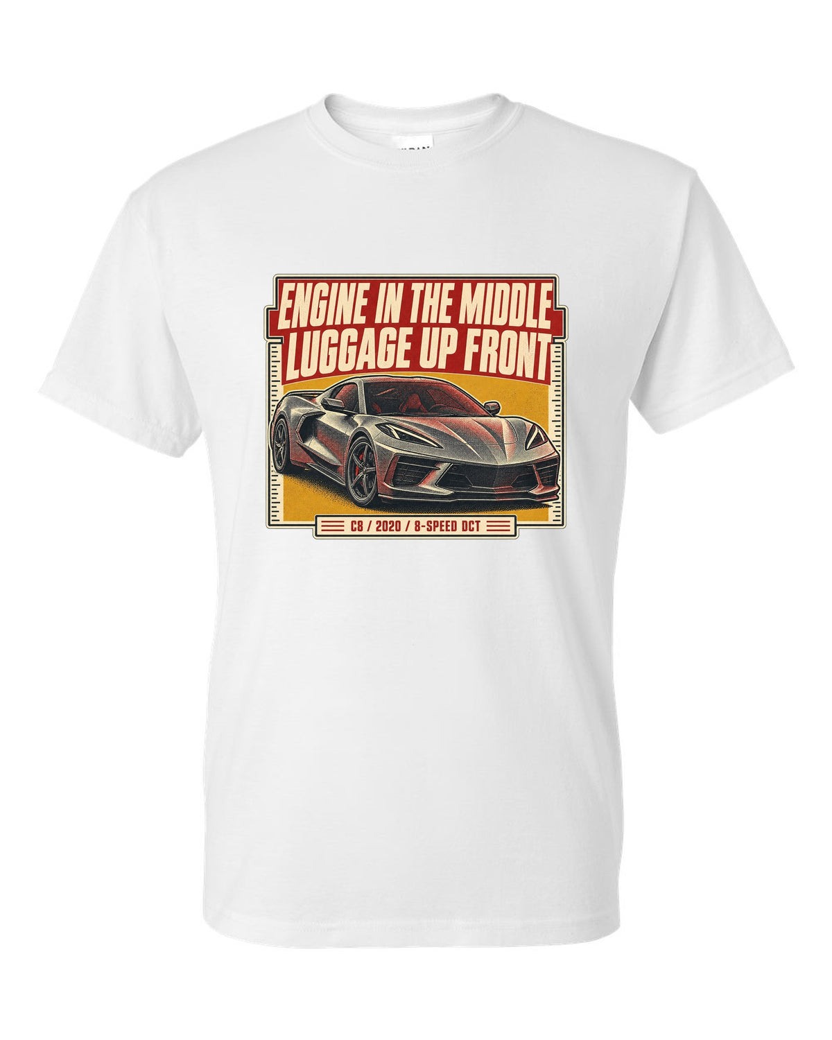Halftone print of a Chevrolet Corvette C8 Stingray with engine in the middle text white t-shirt front view with the design