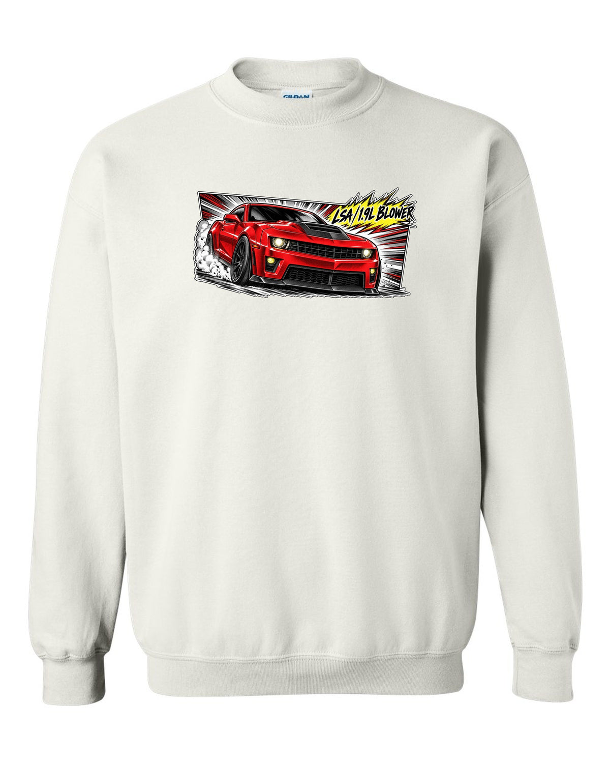 Retro manga panel with speed lines and screentone of a 2012 Chevrolet Camaro ZL1 white crewneck front view with the design