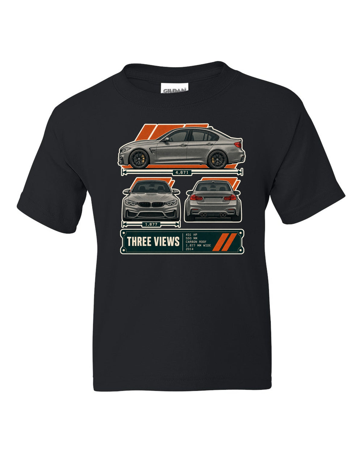 BMW M3 F80 three-view drawing with spec table print black kids tee front view with the design