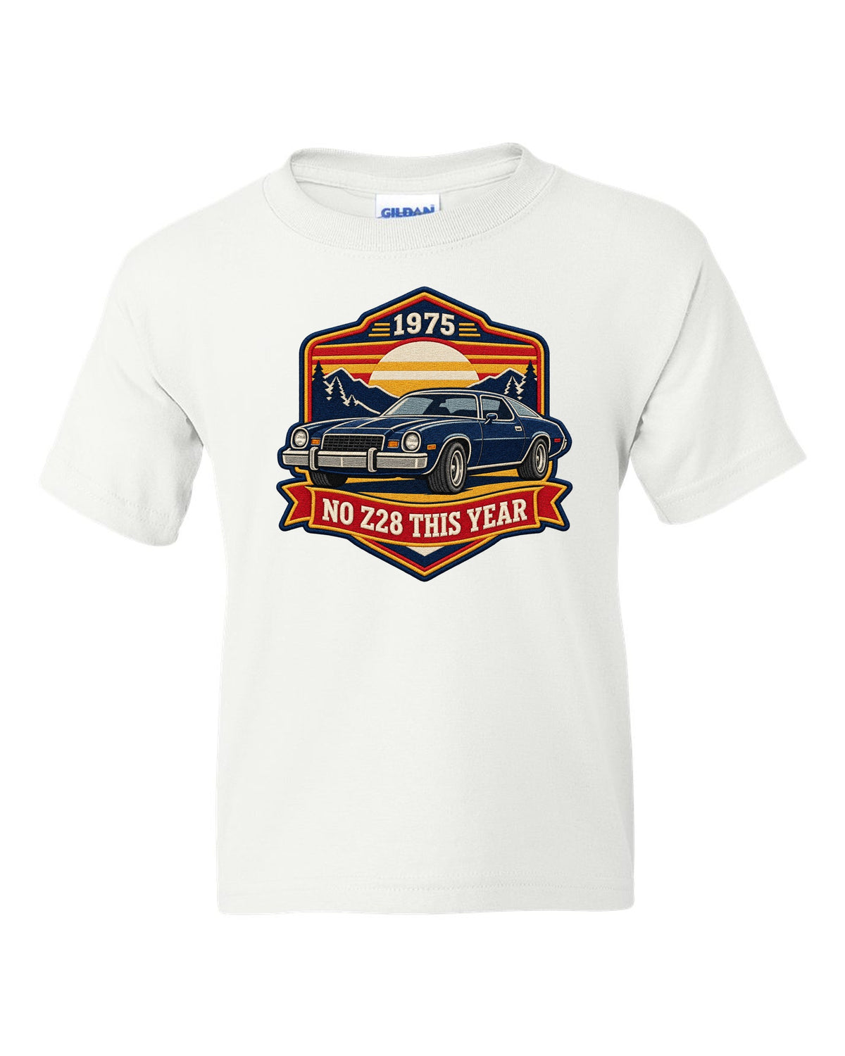 1975 Camaro second-generation in an embroidery patch style crest with the text No Z28 This Year white kids tee front view with the design