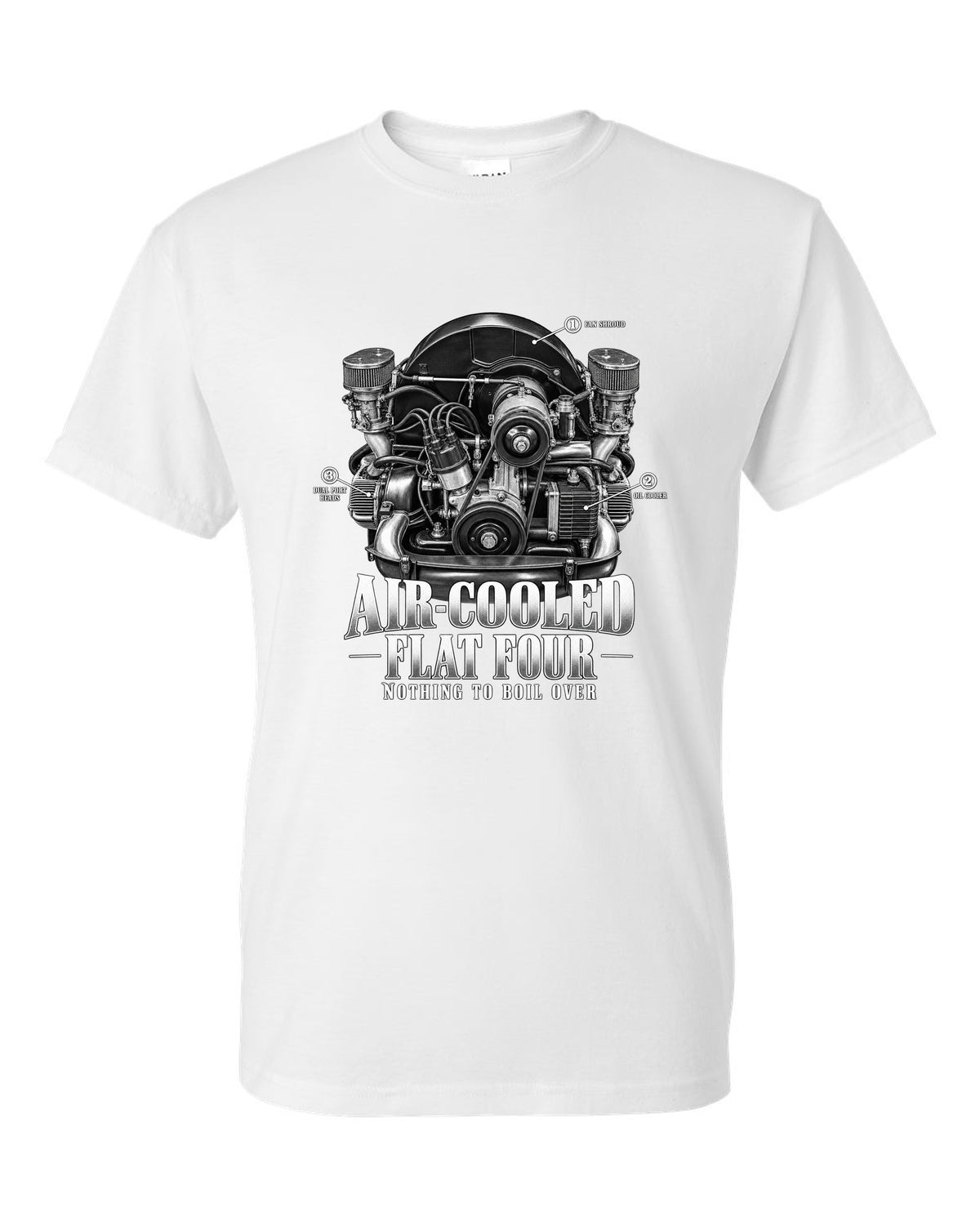 Engine bay callout print of a VW Beetle air-cooled 1600 dual-port flat-four white t-shirt front view with the design