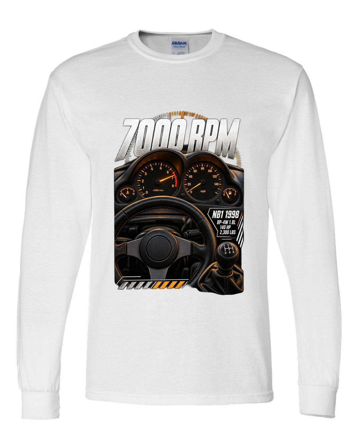 Cockpit gauge print for the 1998 Mazda MX-5 NB1 with 7000 rpm, BP-4W 1.8L and 140 HP white long sleeve front view with the design