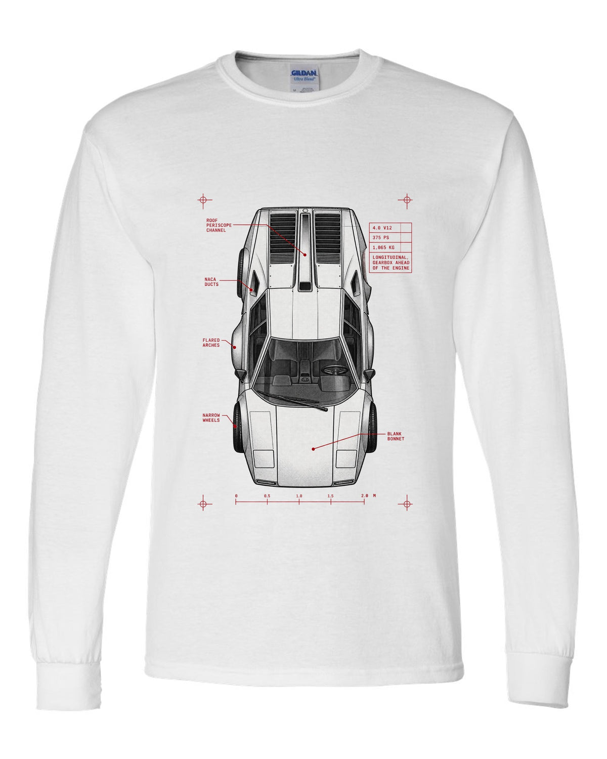 Spec poster print of a Lamborghini Countach LP400 with 4.0 V12 375 PS and 1,065 kg text white long sleeve front view with the design