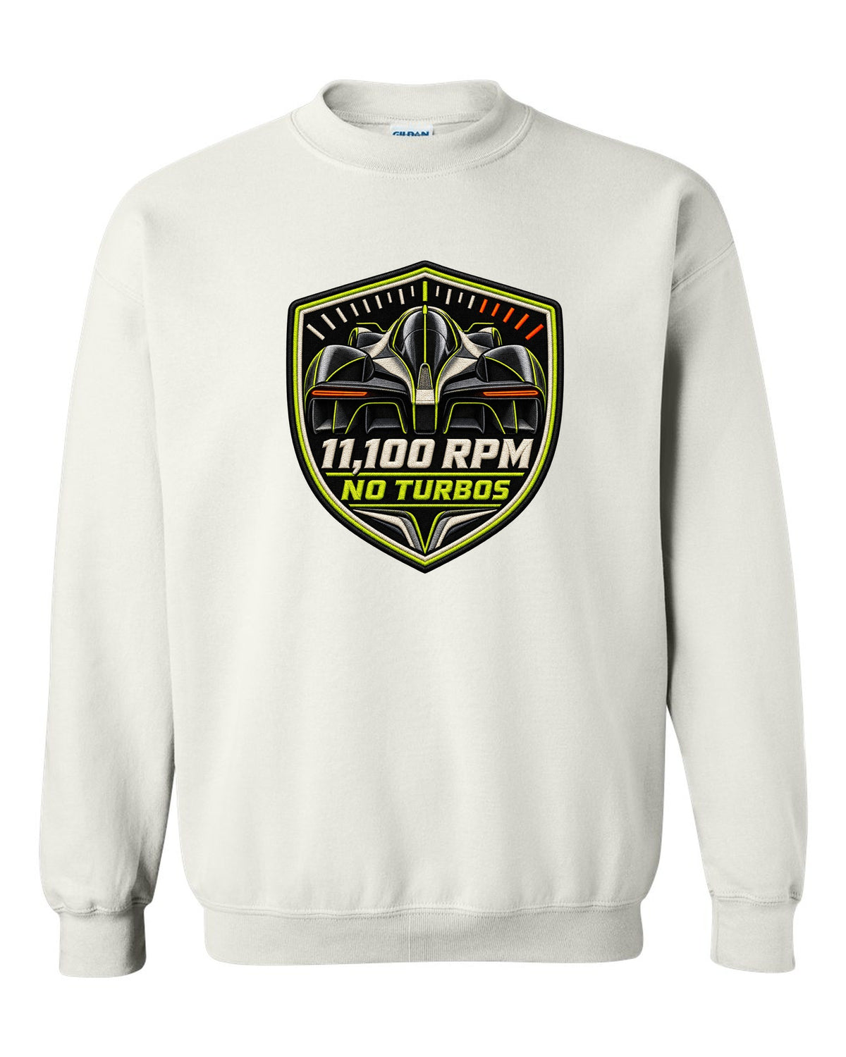 Embroidery-style varsity print for the Aston Martin Valkyrie with 11,100 rpm and no turbos lettering white crewneck front view with the design