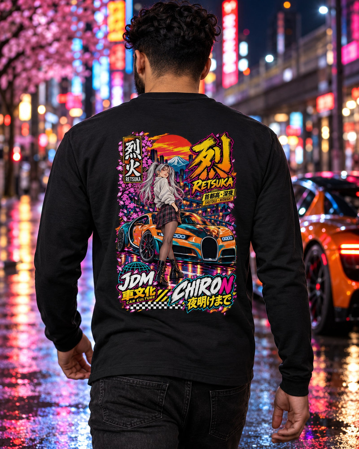 RETSUKA CHIRON Anime Girl Full-Back Graphic Tee Long Sleeve Black worn hero