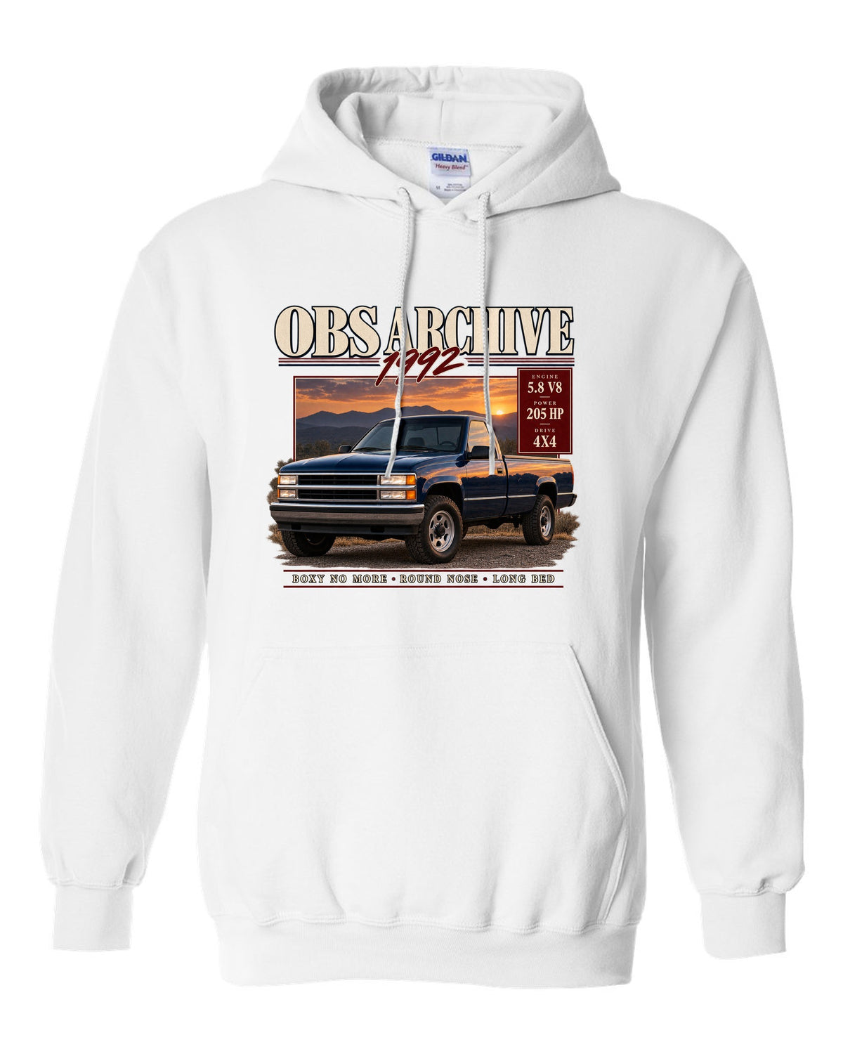 Ford F-150 OBS 1992-97 archive panel print listing 5.8 V8, 205 HP and 4x4 white pull over hoodie front view with the design