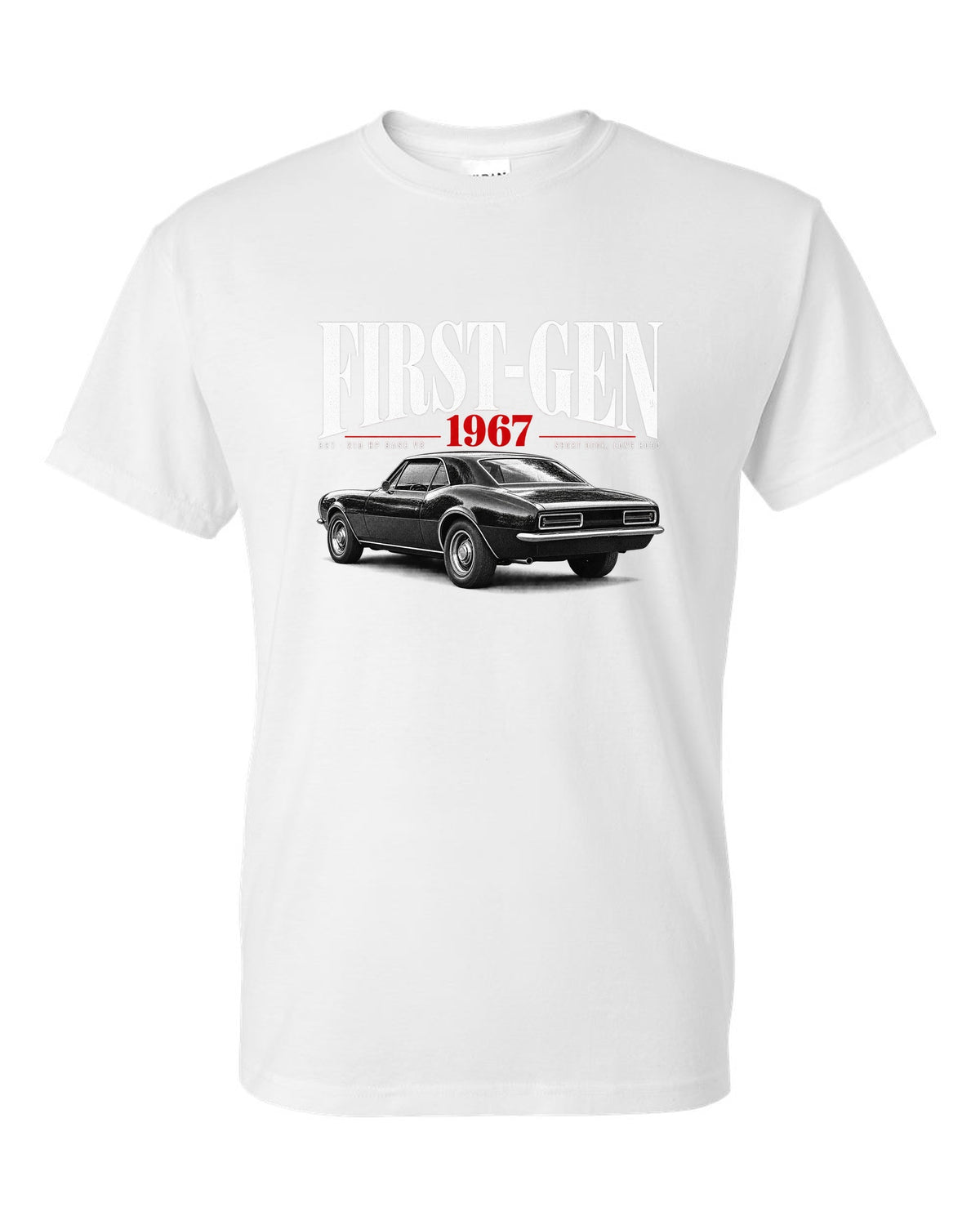 Editorial-style print of a 1967 Chevrolet Camaro RS with first-gen and 327 V8 caption white t-shirt front view with the design