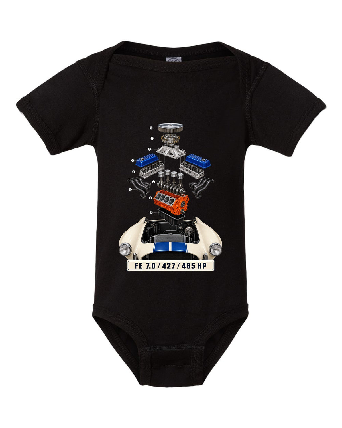 Isometric exploded view print of a Shelby Cobra 427 engine bay with FE 7.0 lettering black baby onesie front view with the design