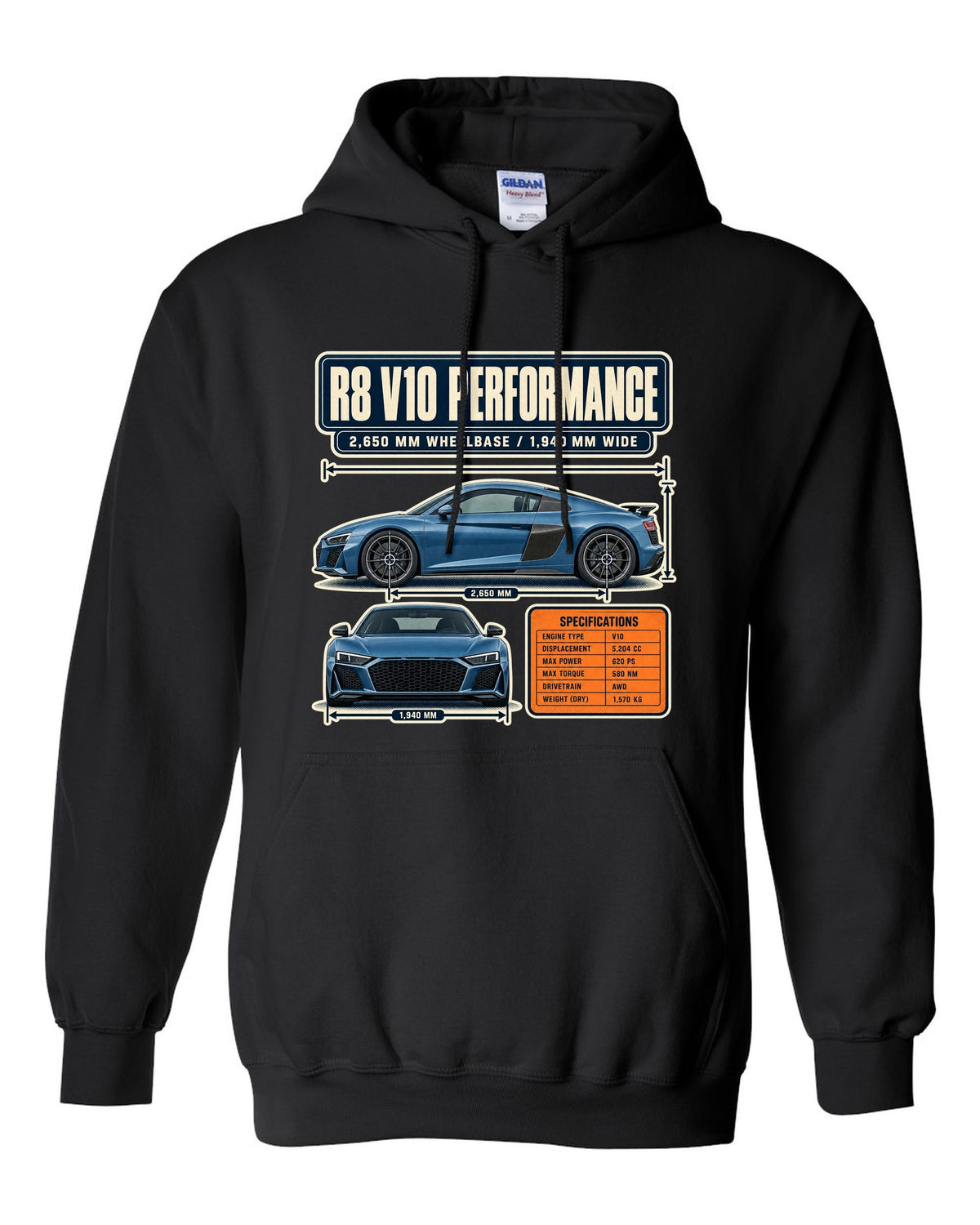 Audi R8 V10 performance Type 4S dimension blueprint print design black pull over hoodie front view with the design