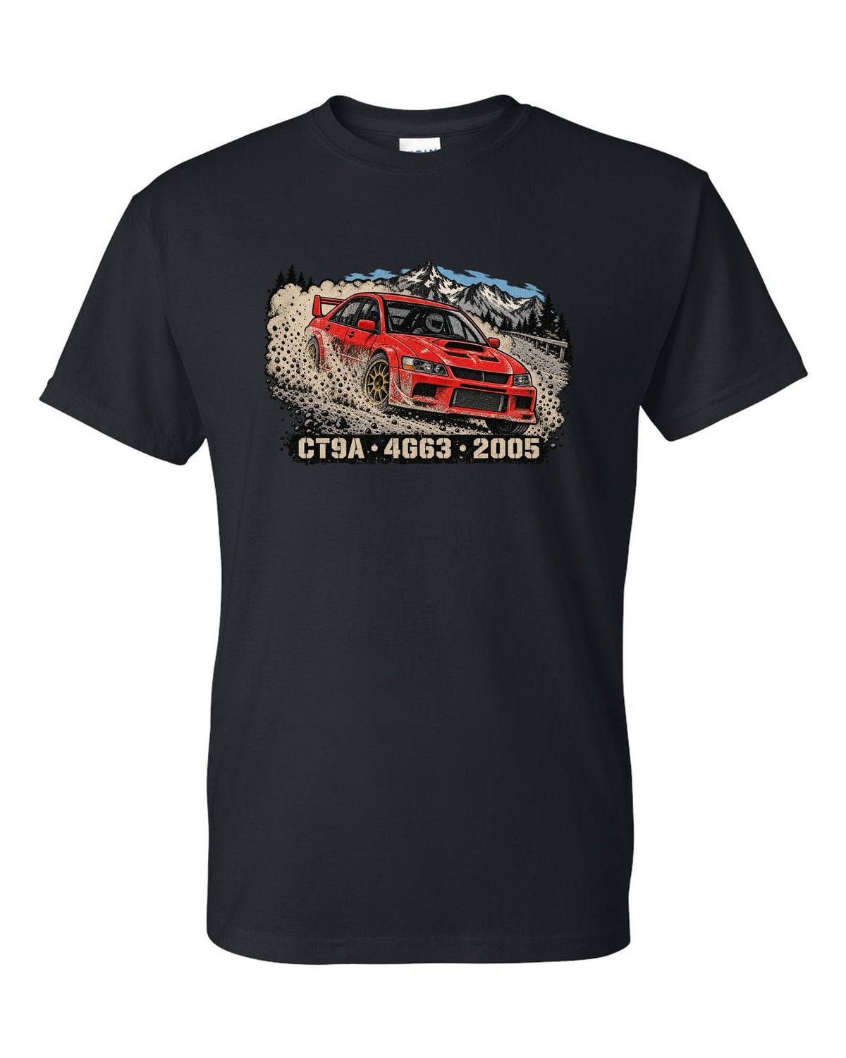 Distressed screenprint print of a Mitsubishi Lancer Evolution IX CT9A on gravel with CT9A 4G63 2005 lettering black t-shirt front view with the design