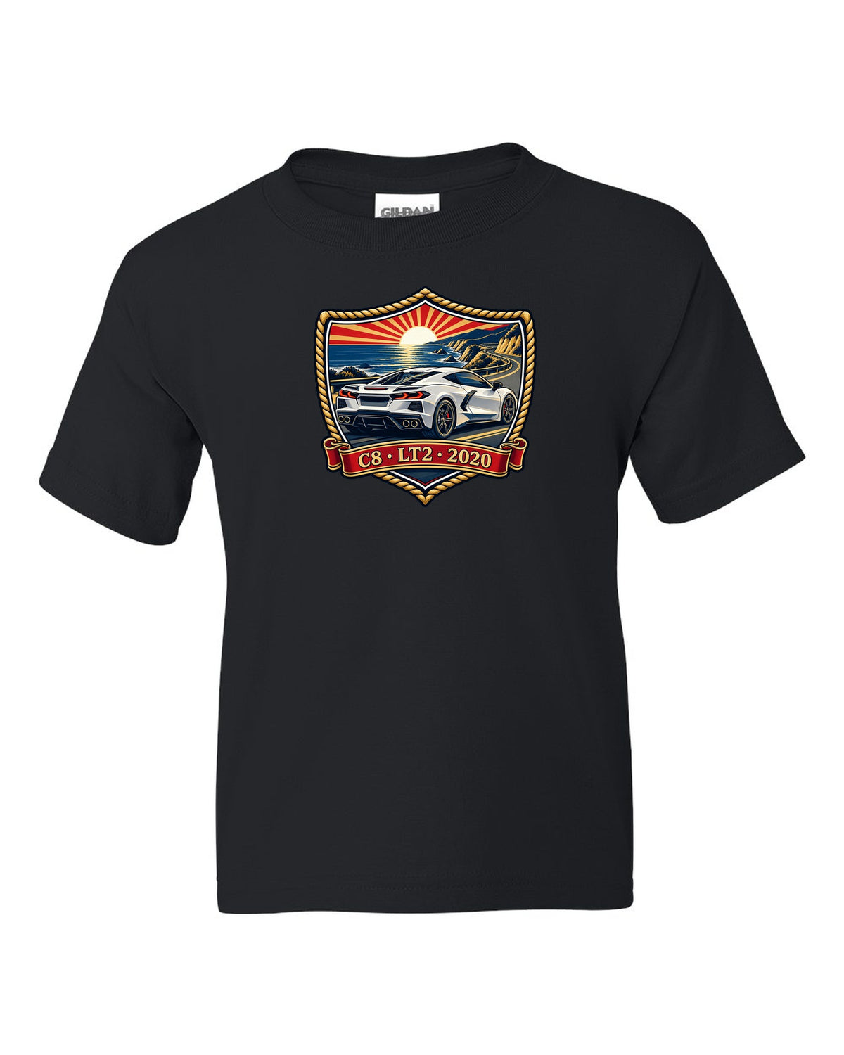 Shield crest design of a 2020 C8 mid-engine Corvette Stingray black kids tee front view with the design