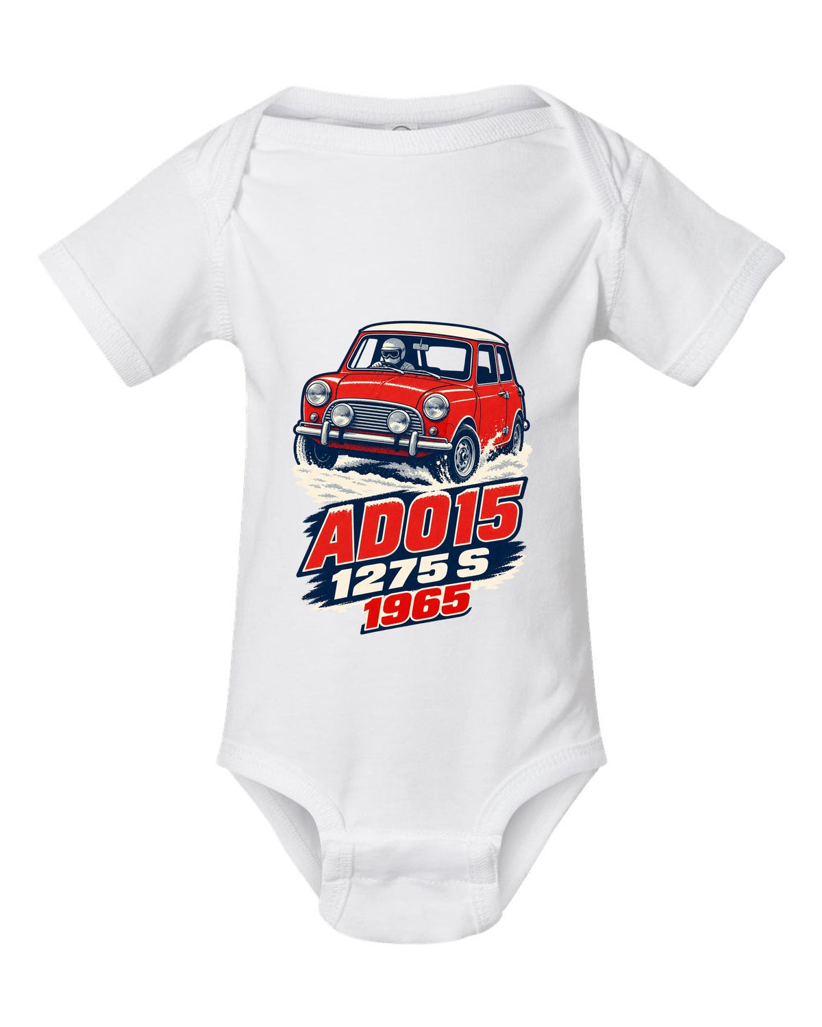 1965 Mini Cooper S ADO15 rally car in a 1960s litho poster style white baby onesie front view with the design