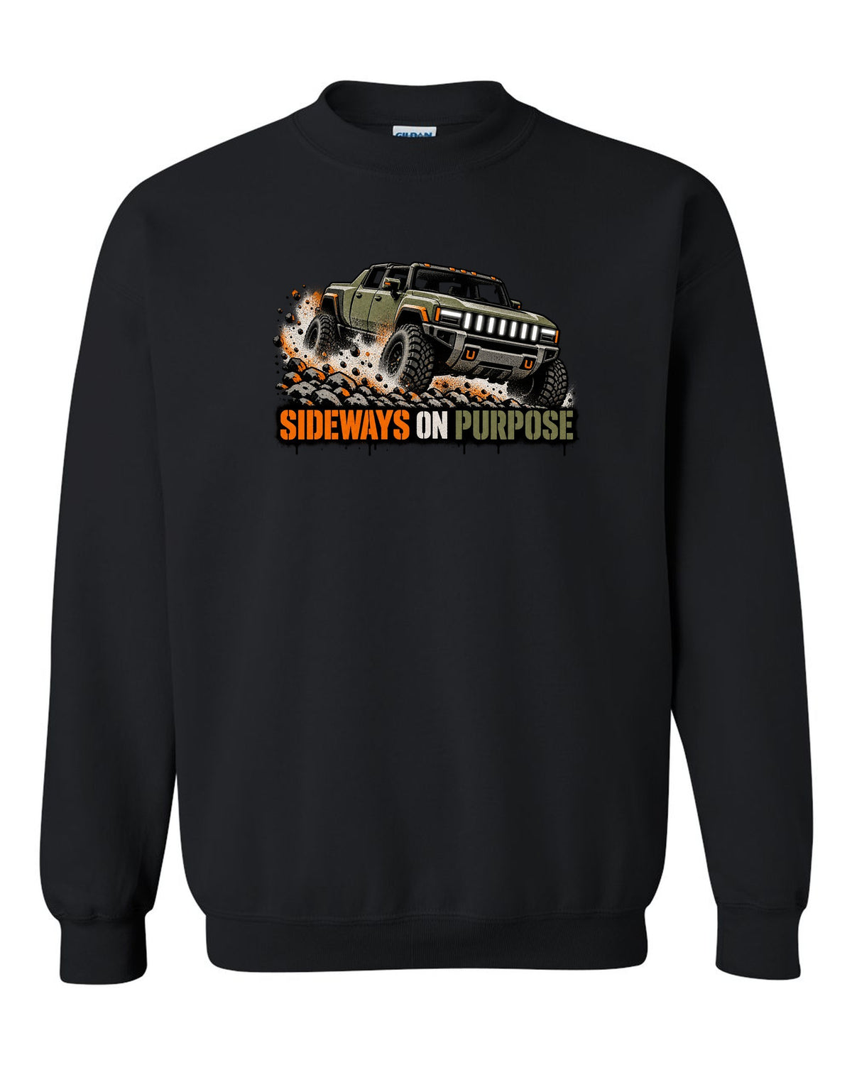 GMC Hummer EV spray stencil print with the words Sideways On Purpose black crewneck front view with the design