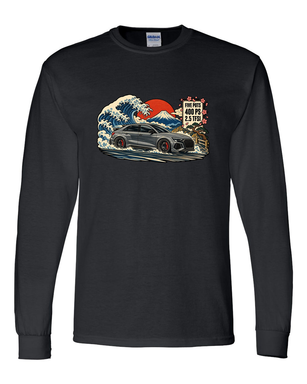Ukiyo-e woodblock style print of an Audi RS3 8Y with a mountain and 2.5 TFSI text black long sleeve front view with the design