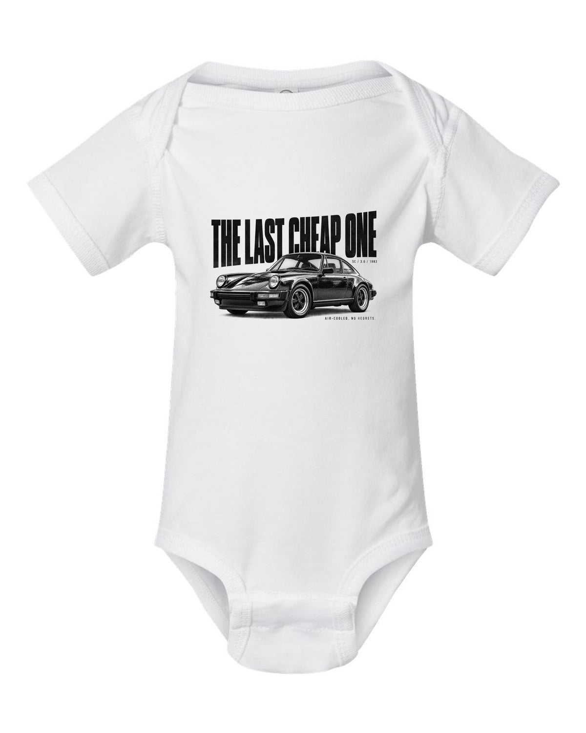 Halftone print of a Porsche 911 SC G-series with The Last Cheap One caption white baby onesie front view with the design