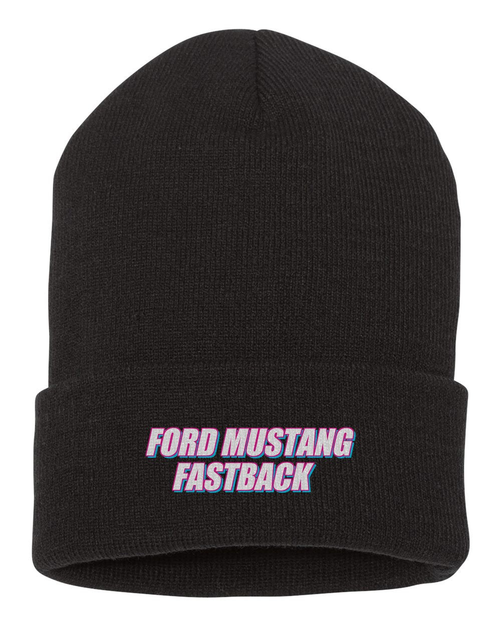 Ford Mustang Fastback black beanie front view with car name