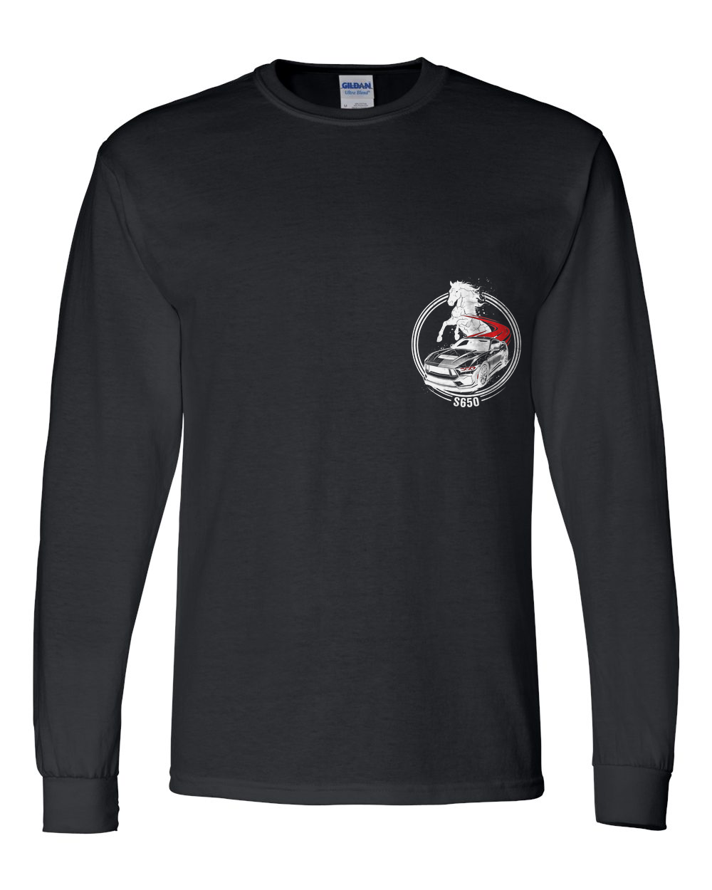 Mustang S650 Stallion Long Sleeve T-Shirt — Black front emblem