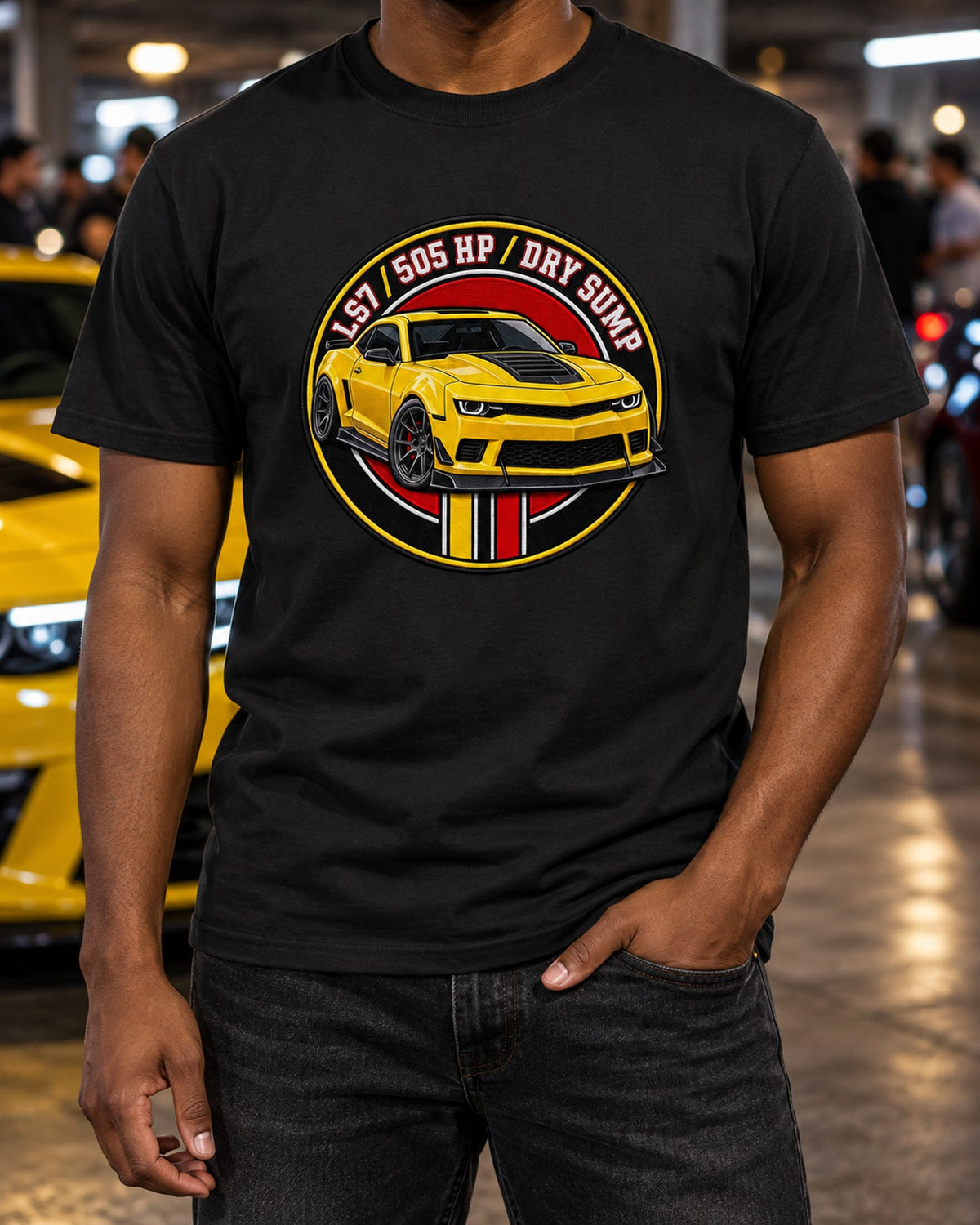 2014 Camaro Z/28 LS7 Varsity Crest Shirt, 505 HP Dry Sump T-Shirt Black worn hero