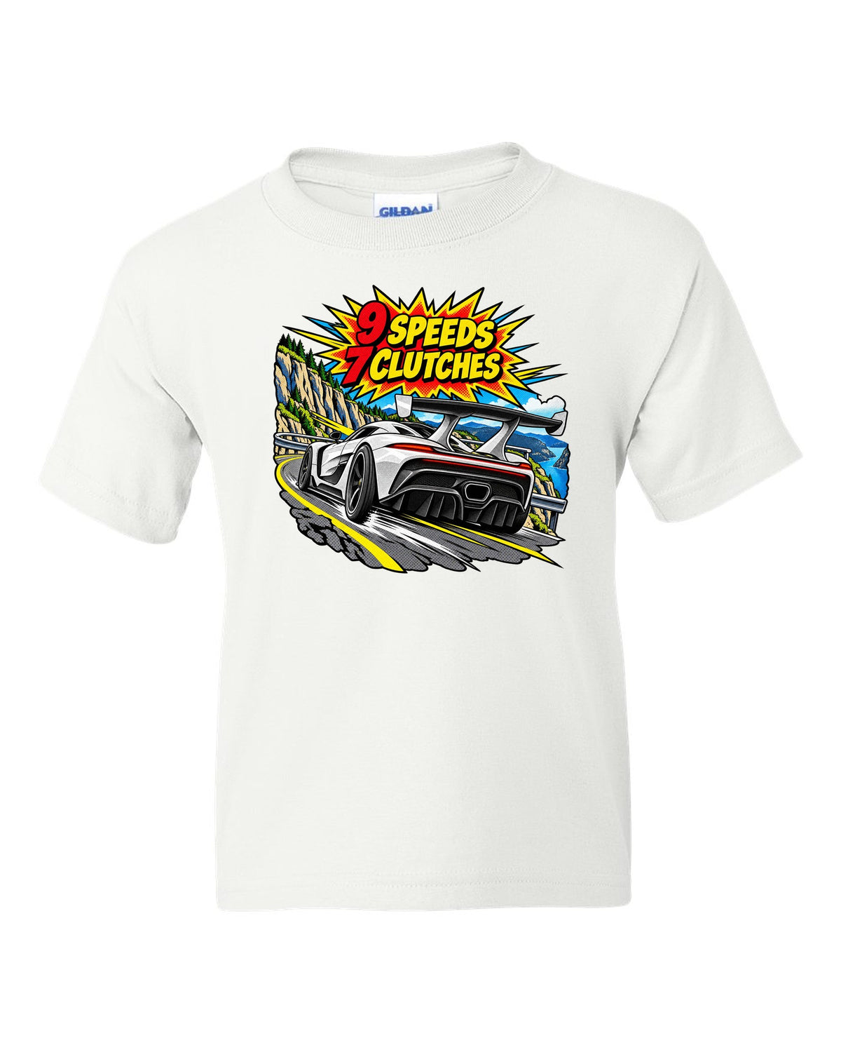 Comic halftone pop art print of a Koenigsegg Jesko with 9 speeds and 7 clutches lettering white kids tee front view with the design