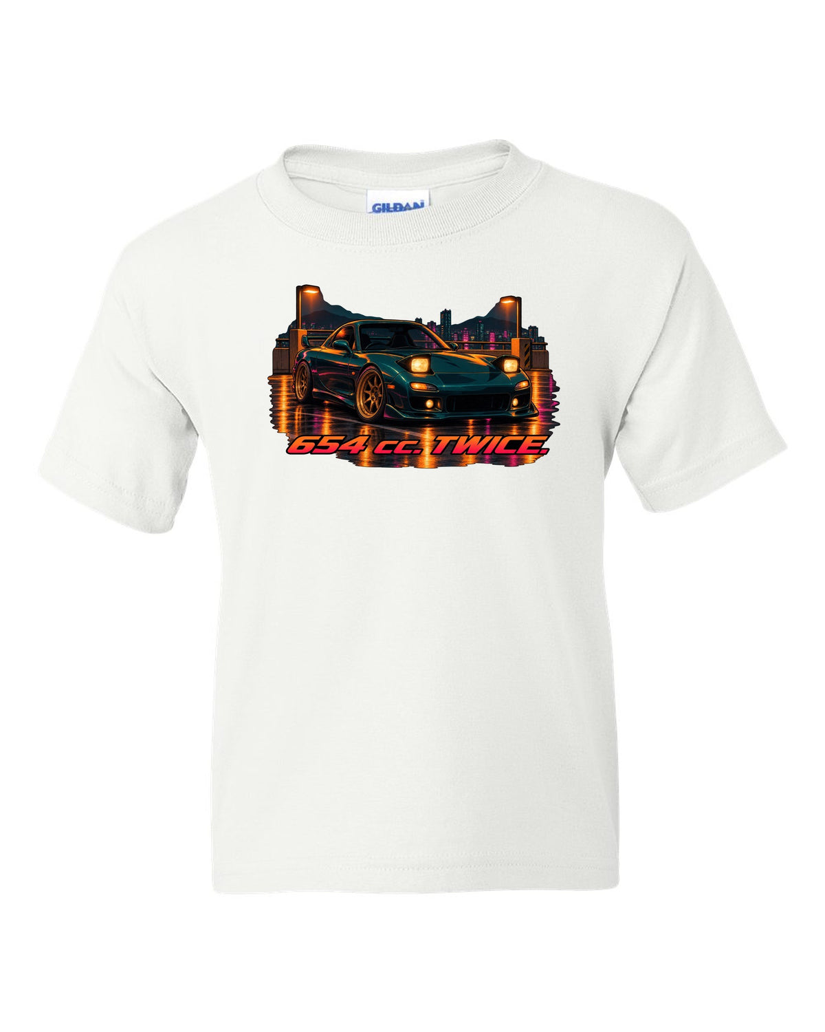 16-bit pixel art Mazda MX-5 NB roadster driving an open road white kids tee front view with the design