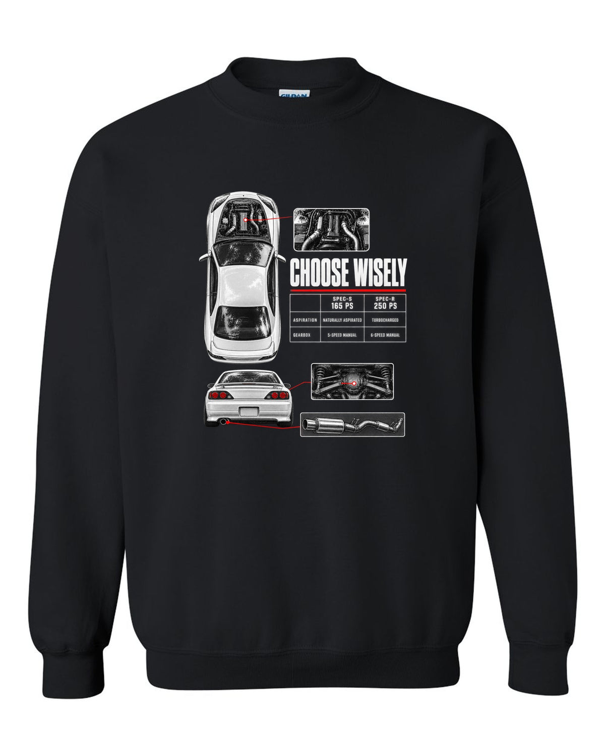 Spec poster of a Nissan Silvia S15 comparing Spec-S 165 PS and Spec-R 250 PS with Choose Wisely lettering black crewneck front view with the design