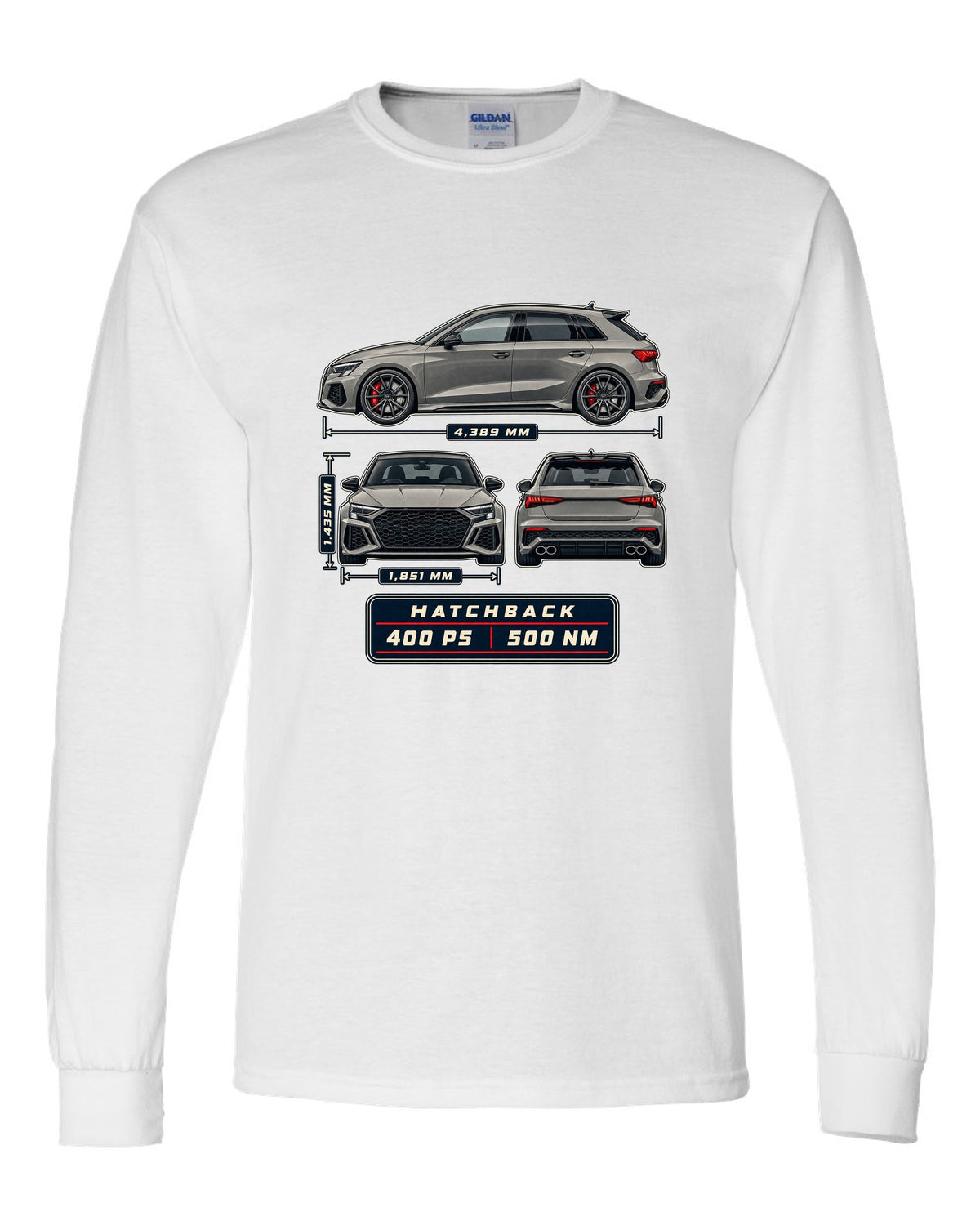 Three-view drawing and spec table of the Audi RS3 8Y Sportback white long sleeve front view with the design