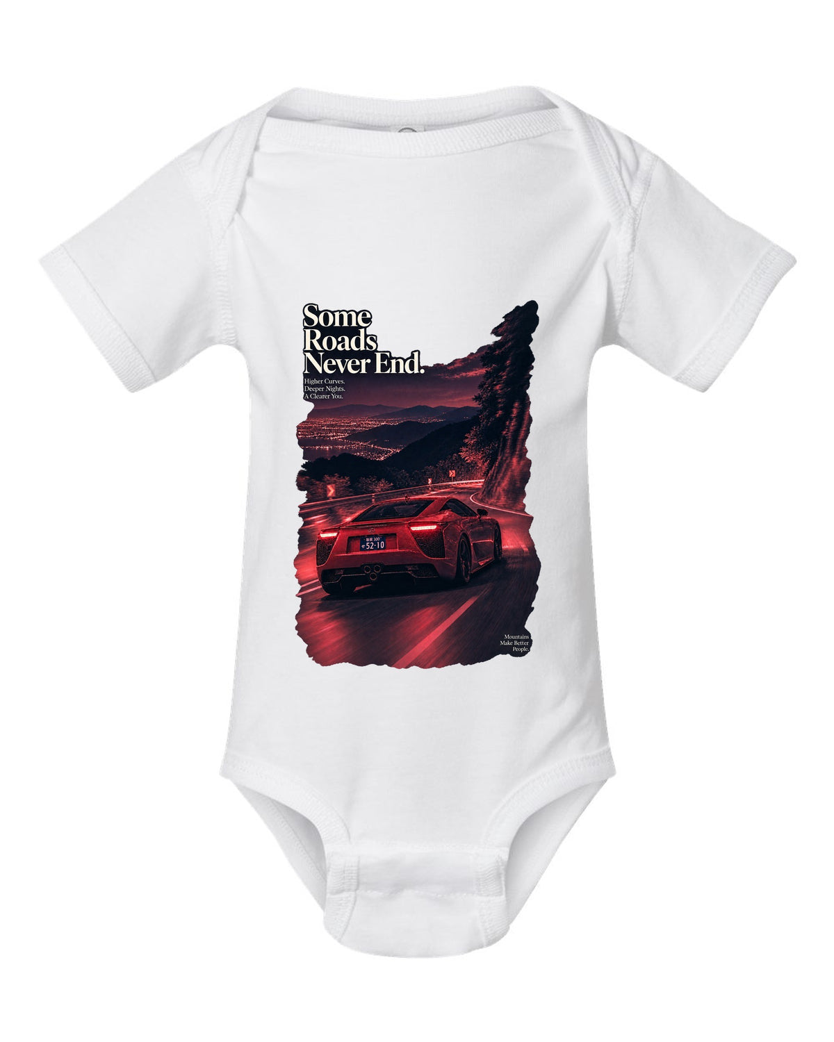 Night touge scene with the Lexus LFA in magenta-red monochrome white baby onesie front view with the design