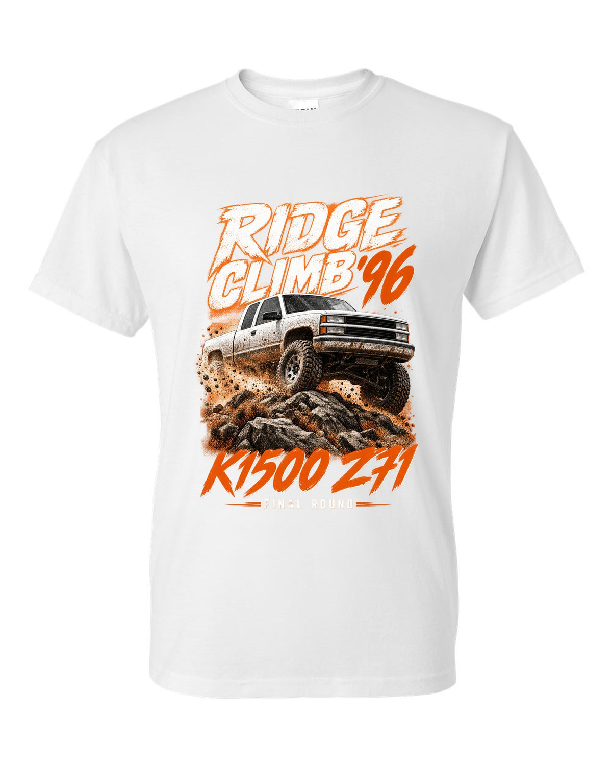 1996 Chevy K1500 Z71 OBS Ridge Climb race poster print white t-shirt front view with the design
