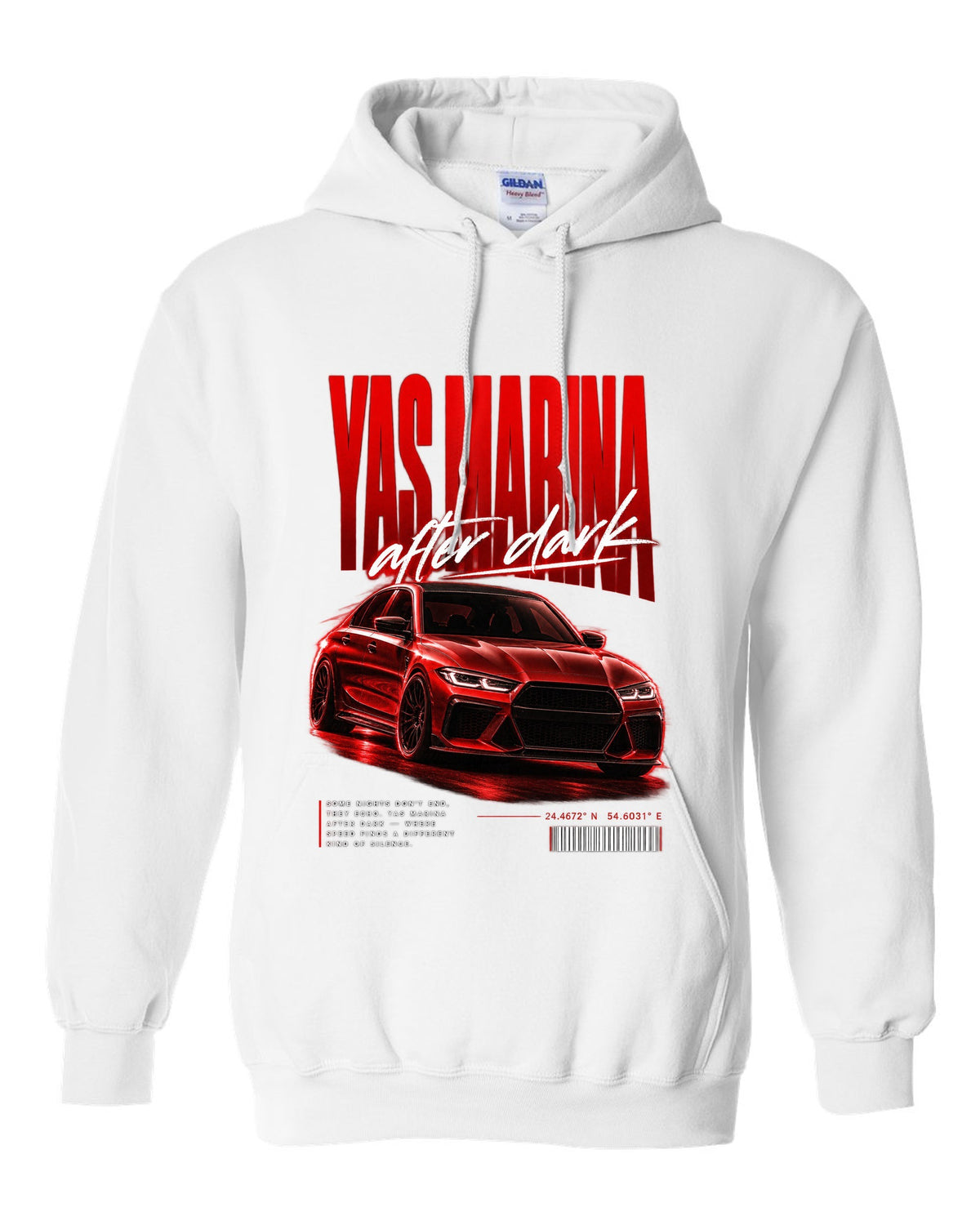 BMW F80 M3 sedan night street poster print with Yas Marina lettering white pull over hoodie front view with the design
