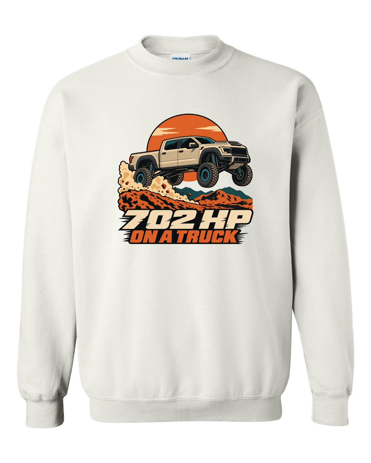 Vector poster print of a Ram 1500 TRX jumping a dune with the text 702 HP white crewneck front view with the design