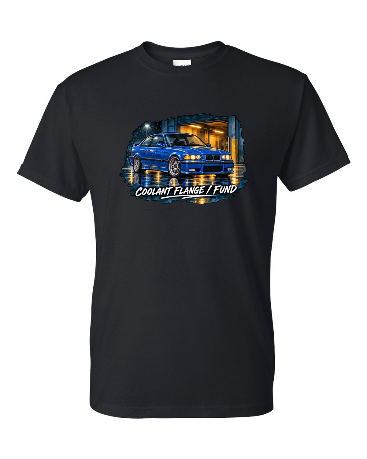 Comic halftone pop-art burnout of a BMW E36 M3 coupe with rear tyres subscription text black t-shirt front view with the design