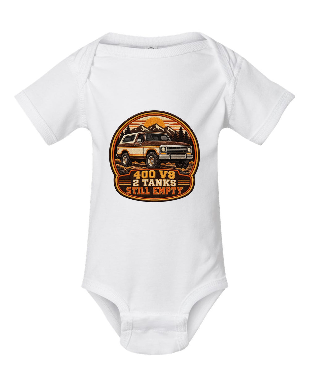 Varsity crest print for a 1978-79 full-size Ford Bronco with 400 V8 and two tanks text white baby onesie front view with the design