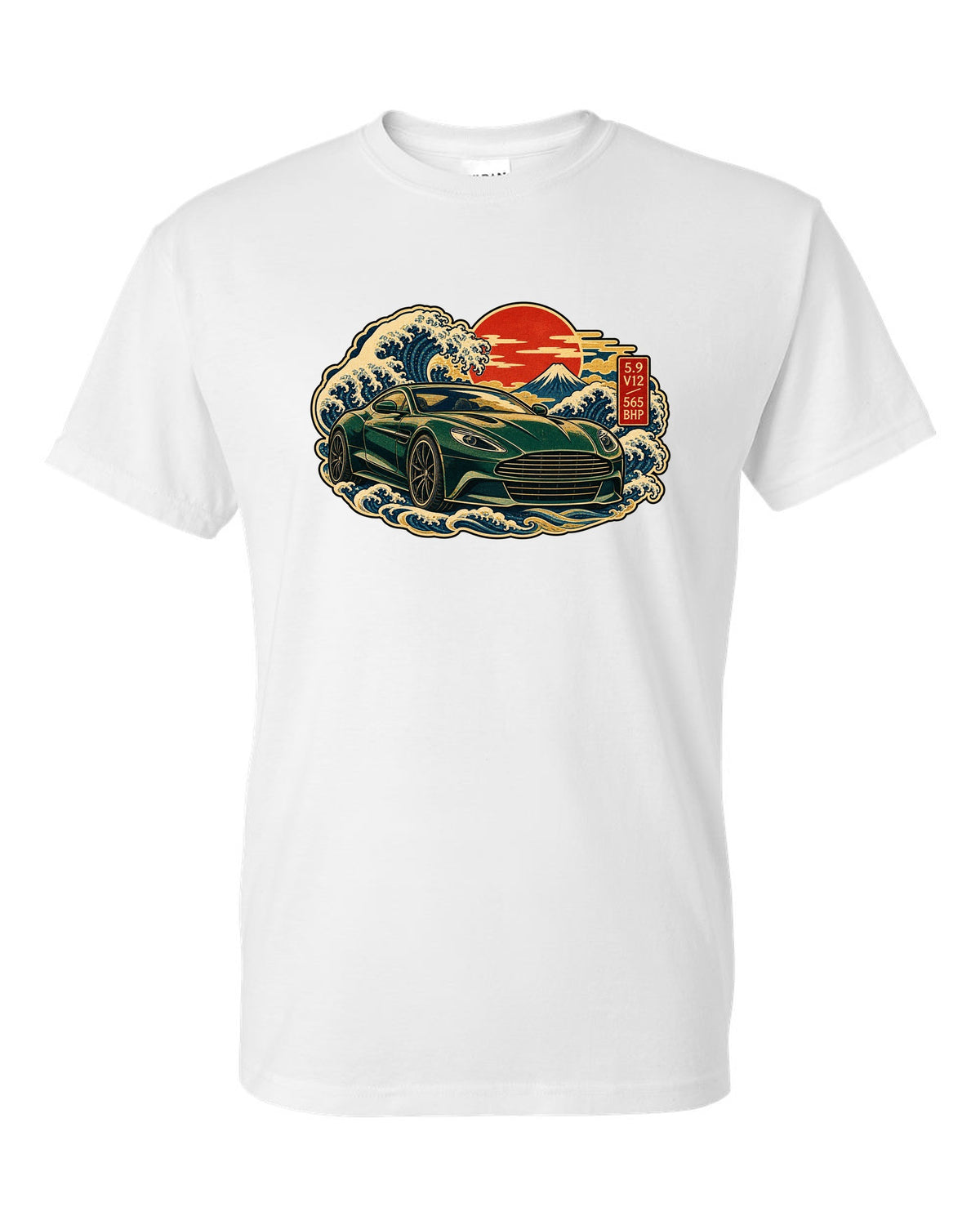 Aston Martin Vanquish ukiyo-e woodblock wave with 5.9 V12 565 BHP lettering white t-shirt front view with the design