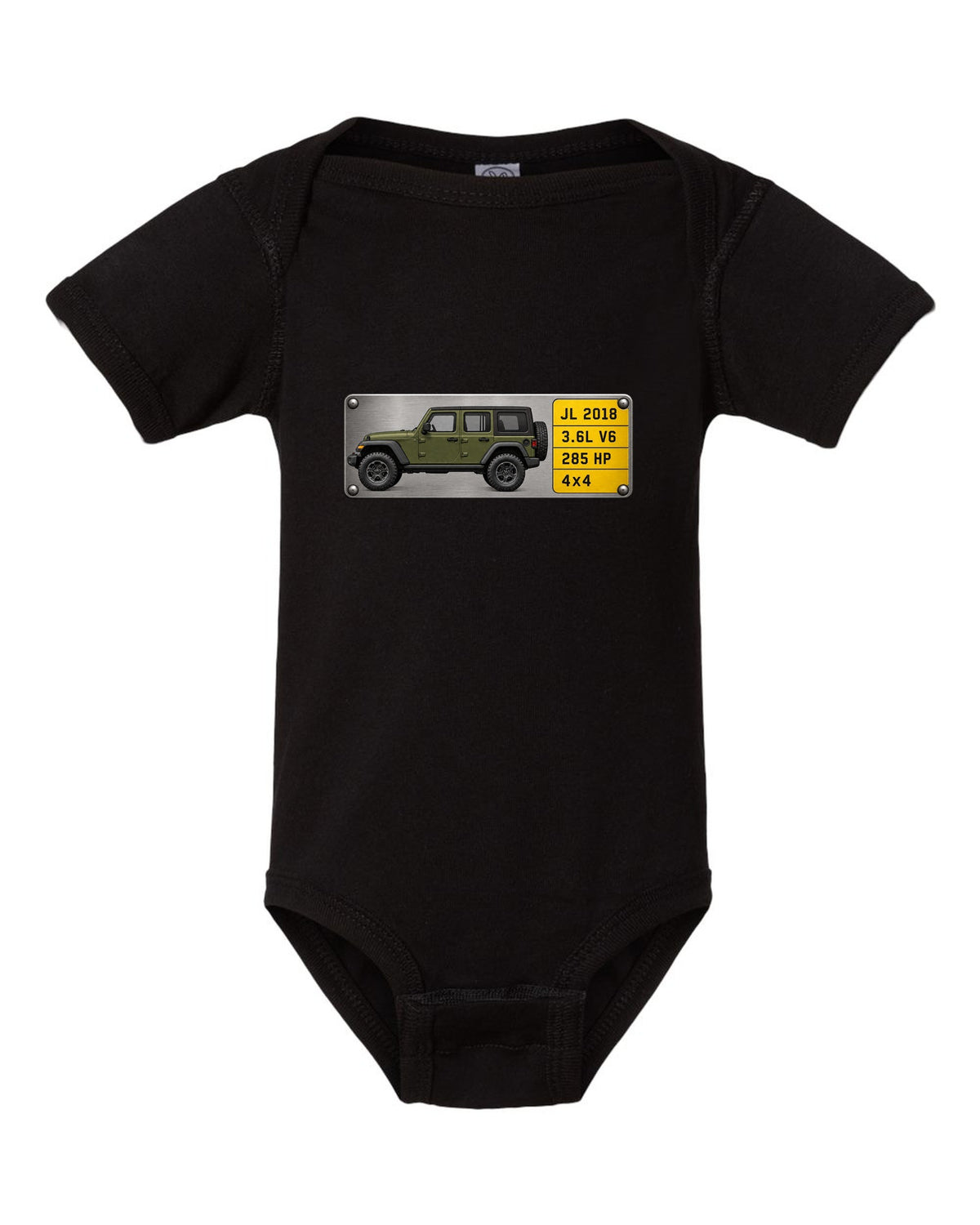Jeep Wrangler JL Unlimited 3.6L V6 285 HP Spec Plate Tee black baby onesie front view with the design