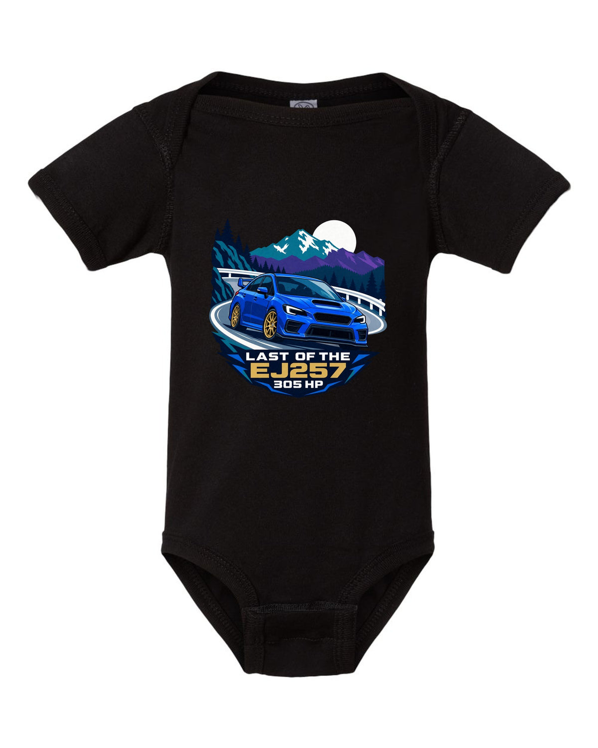 Flat vector minimalist Subaru WRX STI VAB on a hairpin corner black baby onesie front view with the design