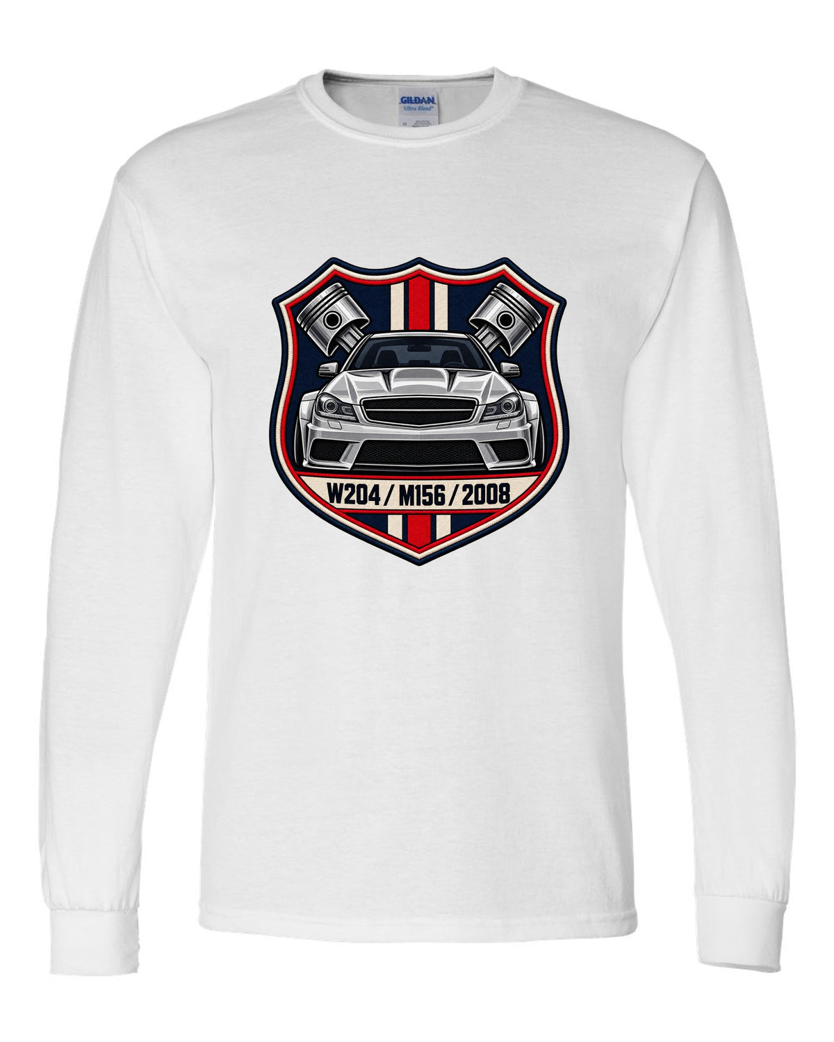 Embroidery-style varsity crest for Mercedes C63 AMG W204 with M156 and 2008 white long sleeve front view with the design