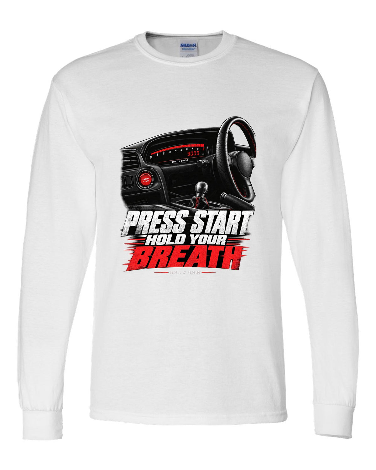 Honda S2000 AP1 roadster cockpit gauge design with press start text white long sleeve front view with the design