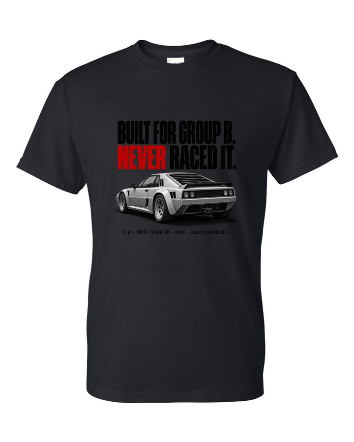 Ferrari 288 GTO 1984 rear three-quarter halftone print, built for Group B, never raced it black t-shirt front view with the design