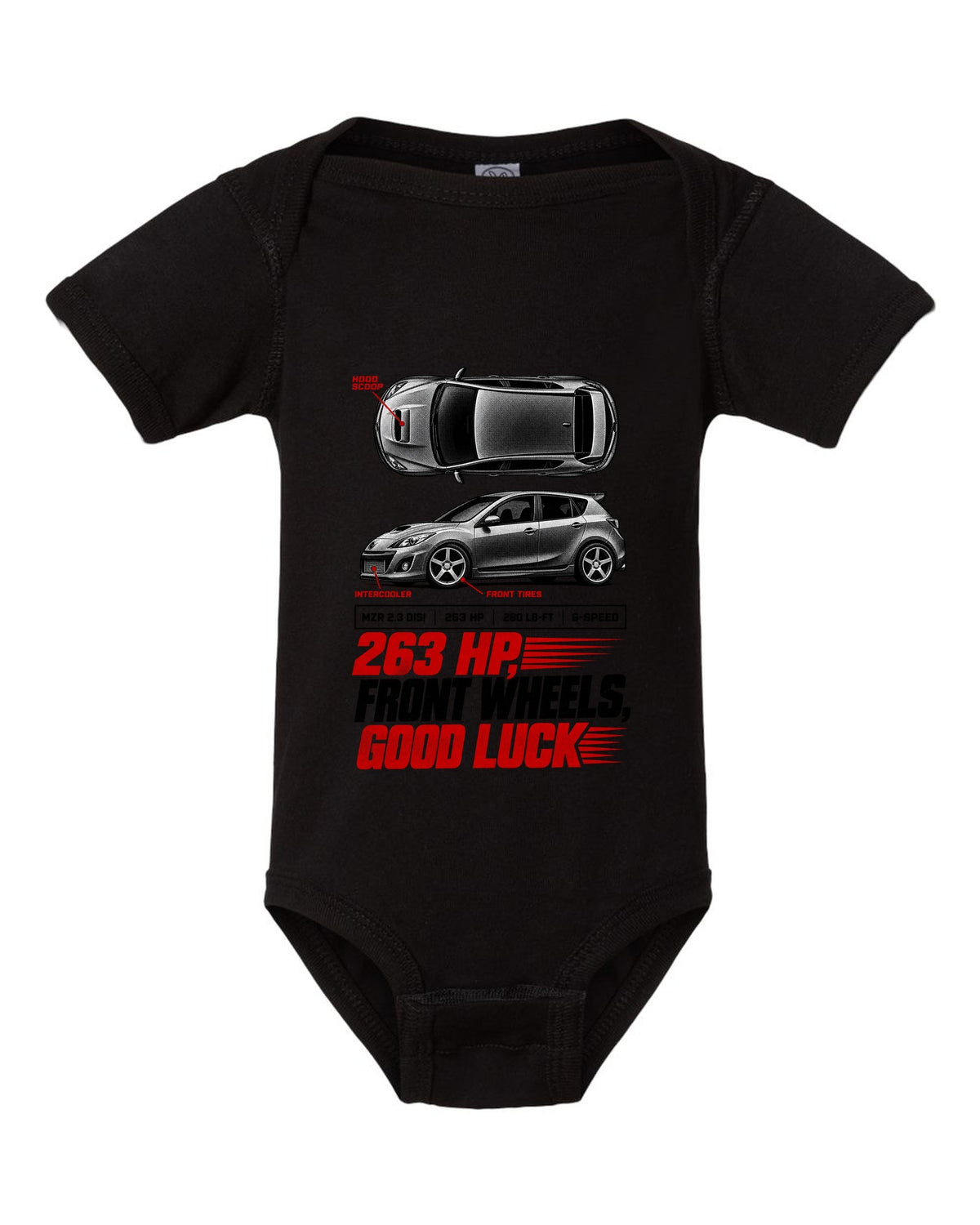 Top-down and profile views of a Mazdaspeed3 BK with 263 HP spec poster text black baby onesie front view with the design