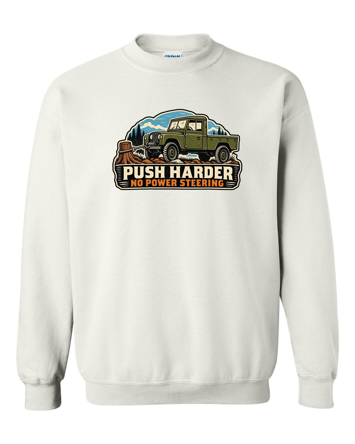 Linocut print of a Dodge Power Wagon WM300 flat fender winching with no power steering text white crewneck front view with the design