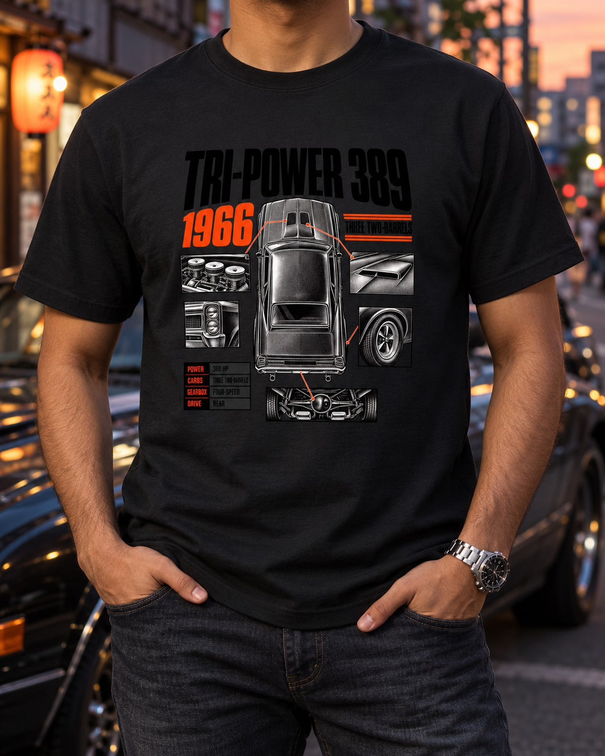 Pontiac GTO 1966 Tri-Power 389 Spec Poster Shirt, Three Twos T-Shirt Black worn hero