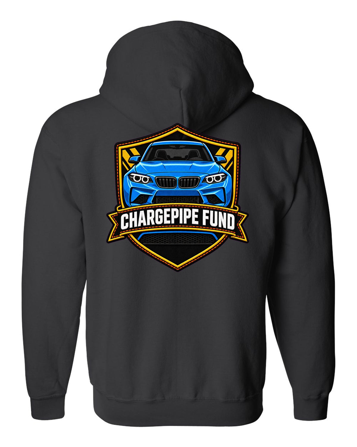 Linocut woodcut-style print of a BMW M2 G87 brake duct with 453 HP text black zip hoodie back view with the design