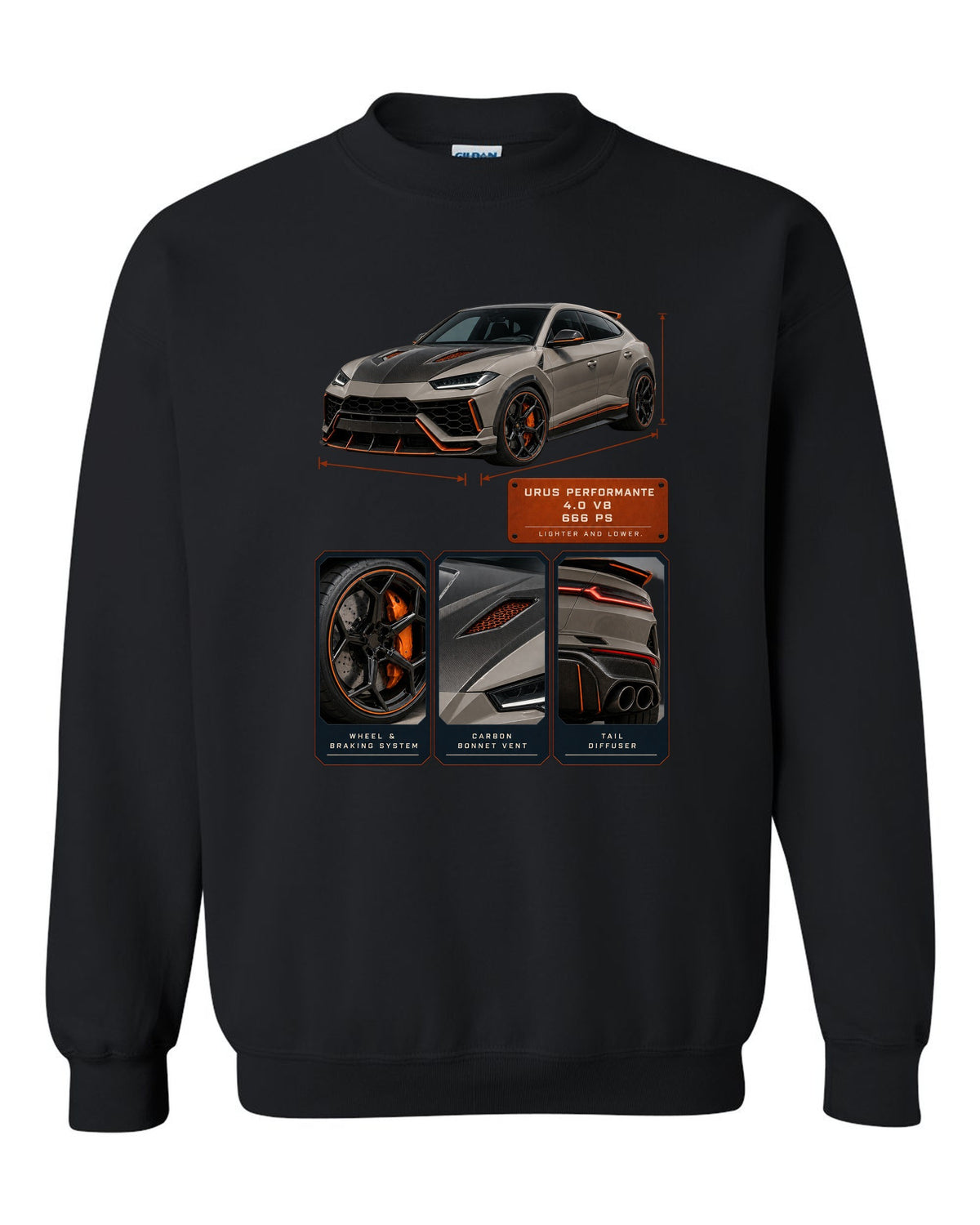 Dossier panel print of the Lamborghini Urus Performante black crewneck front view with the design