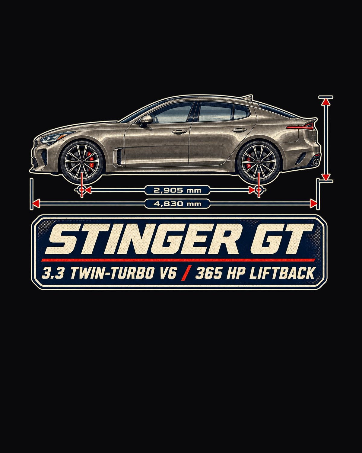 Kia Stinger GT 3.3 Twin-Turbo V6 Blueprint Shirt, 365 HP design only
